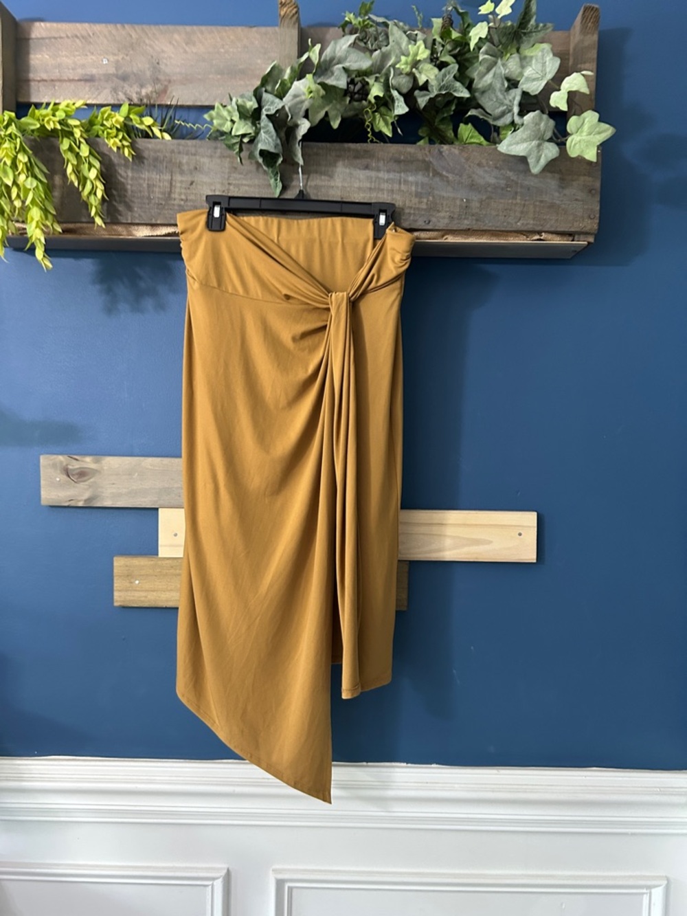 Nine West Mustard Asymmetrical Faux Wrap Skirt with Front Knot